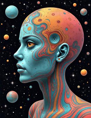 The primary subject of the image is a woman with a blue head and a colorful, swirling design on her face. She is surrounded by a variety of celestial objects, including planets and stars, which create a vibrant and dynamic background. The visual style of the image is a combination of digital art and illustration, giving it a unique and artistic appearance. The colors and mood of the image are predominantly blue and vivid, with a sense of wonder and exploration.